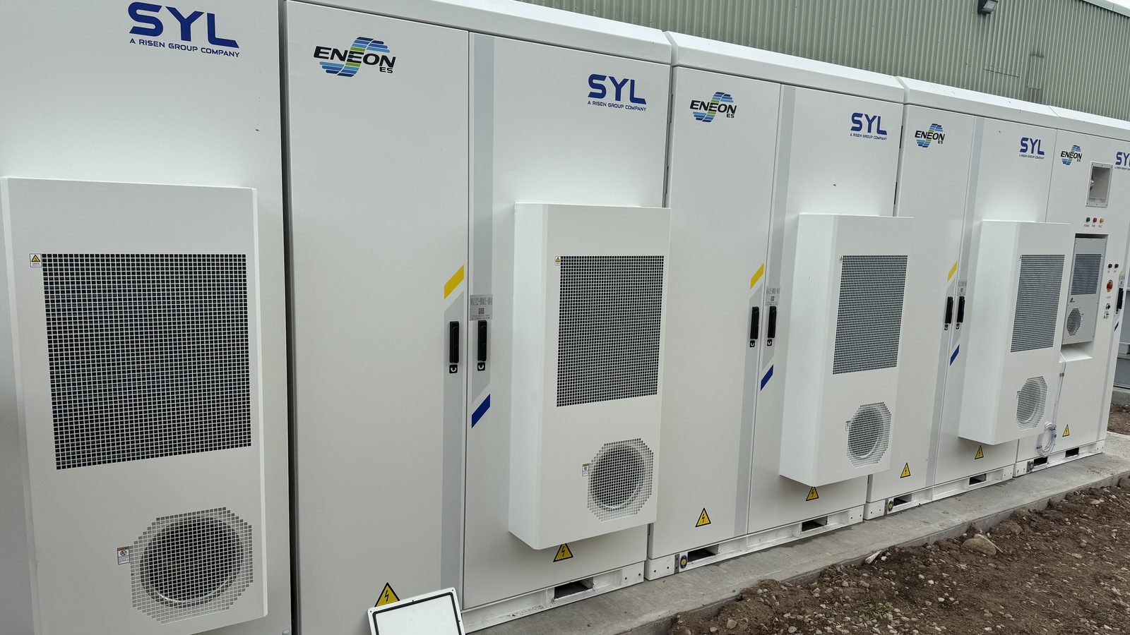 Battery storage cabinets beside a manufacturing plant in Woodstock, Ontario
